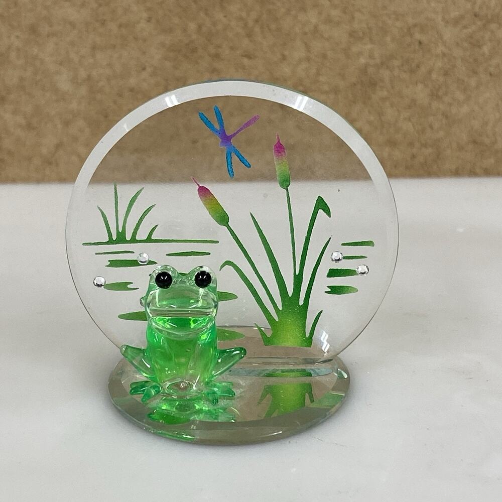 Glass Baron Green Glass Frog In Pond Dragonfly Lilly Pads Cattails Shelf Sitter